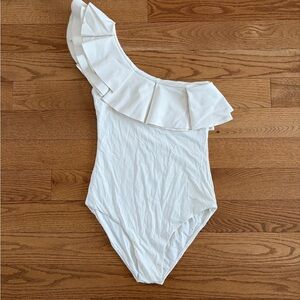 One-Shoulder Ruffle White Women's One-Piece Swimsuit